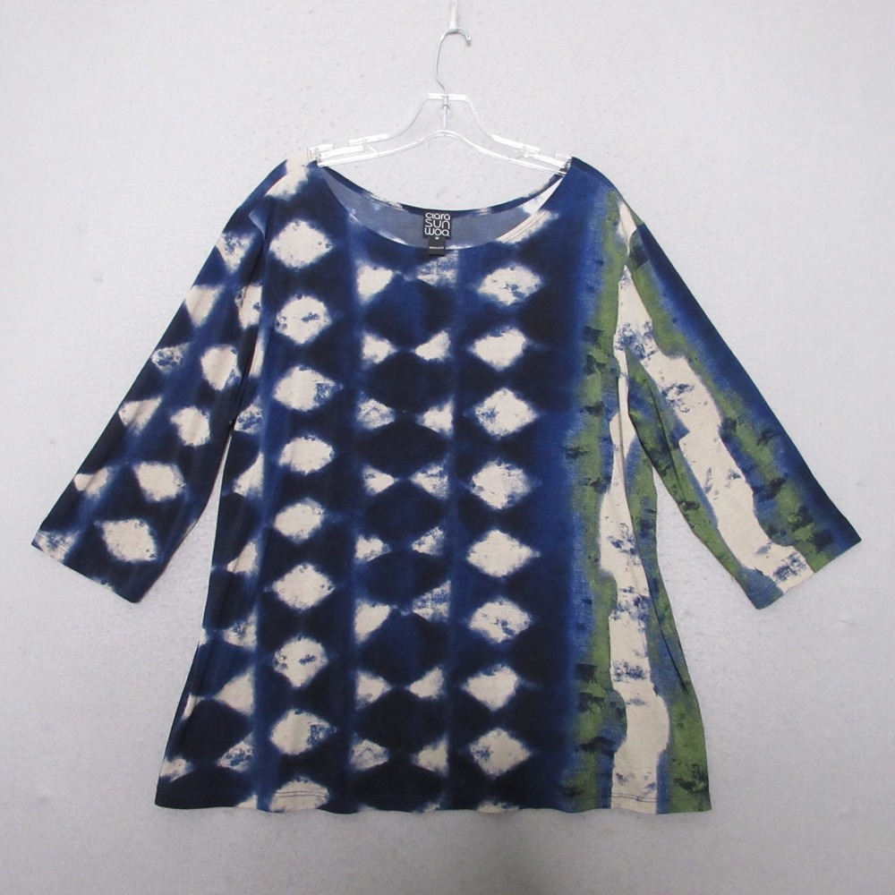 Clara Sun Woo Top Tunic Plus 1X Blue Green Geomtric Lagenlook Artsy Relaxed‎
